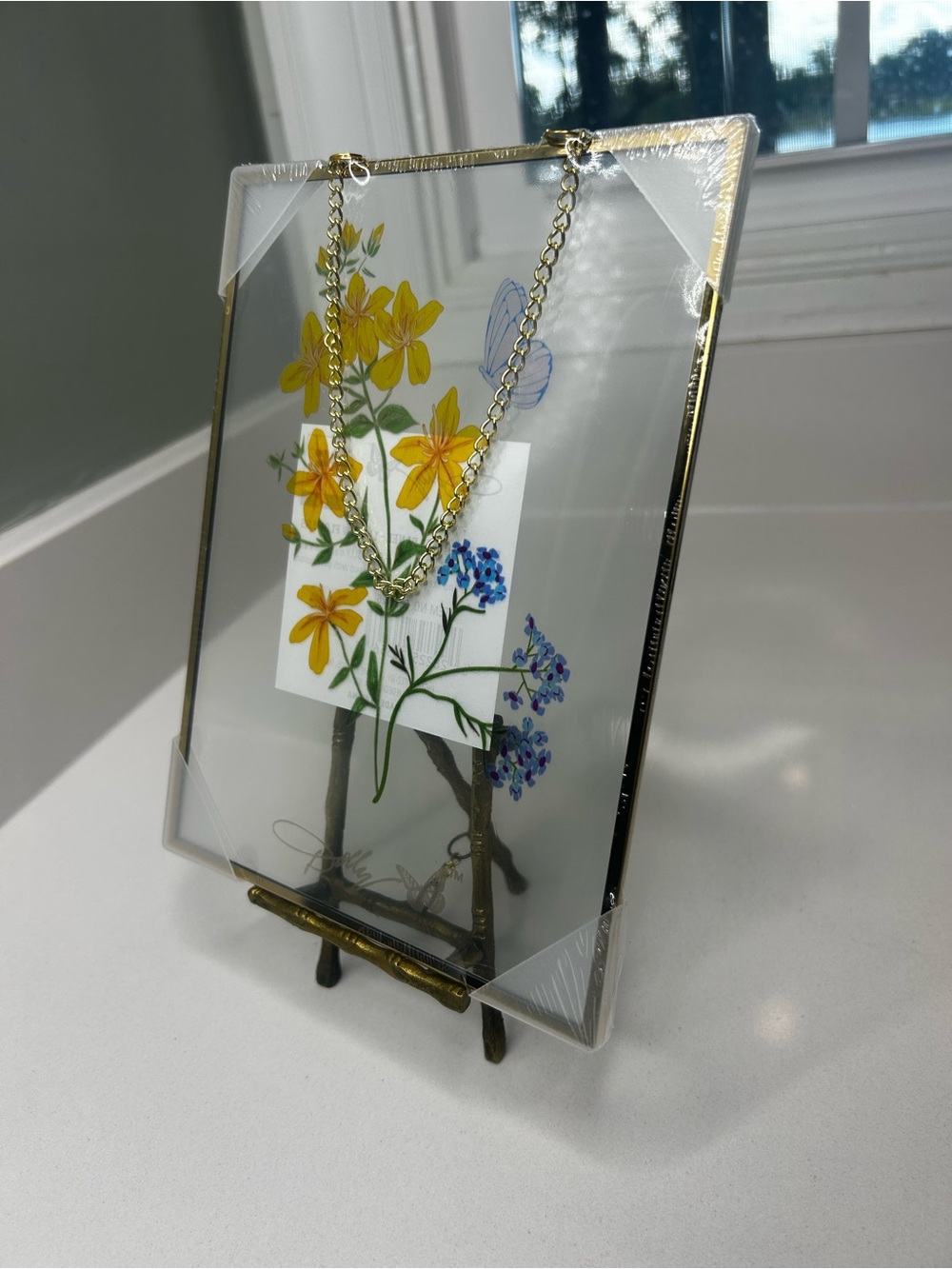 NWT sealed hanging Dolly Parton Gold Framed Glass Floral frame- Yellow & Blue